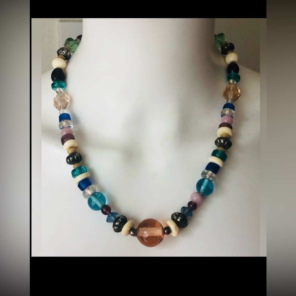 Vintage Necklace Handcrafted Designed with  Multicolored Acrylic Beads 10” long